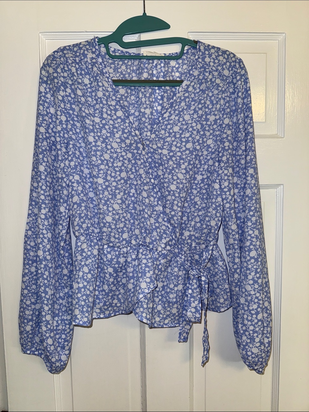 Sienna Sky Blue and White Floral Wrap Blouse with Tie